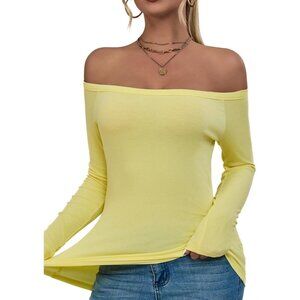🆕 Women Yellow Long Sleeve Shoulder Tops Ribbed Basic Trendy Stretchy Shirt Off